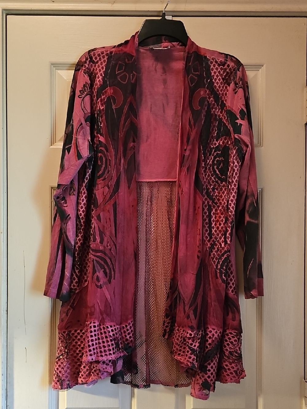 Open-Front Pink & Black Patterned Women's Cardigan Jacket